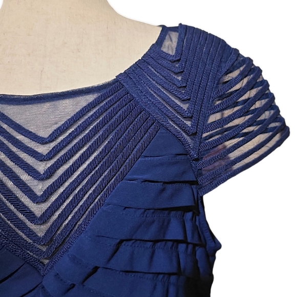 Adrianna Papell Navy Blue Shutter Pleat Sheath Illusion Cocktail Party Dress, 16 - Picture 8 of 14
